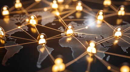 Abstract digital network visualization with glowing icons connected across a world map, representing global communication, connectivity, and technology.