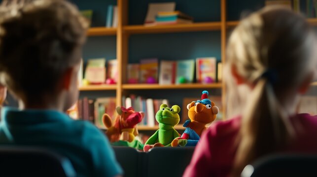 Kids watching puppet show in a library or school