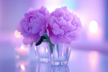 Delicate purple peonies in a glass vase, soft lighting, romantic and serene atmosphere. Perfect for spring or wedding themes.