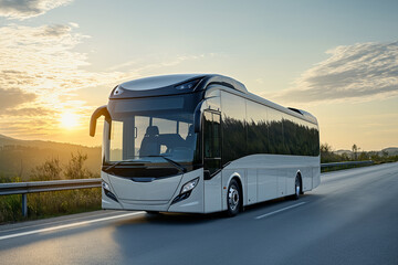 White modern tourist bus driving on highway at bright sunset with scenic countryside view.