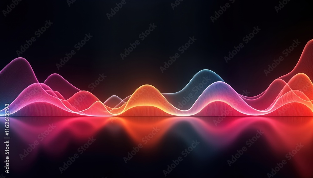 Fototapete Abstract colorful sound wave visualization on dark background. Dynamic glowing lines create colorful wavy patterns. Modern tech design. Vibrant colors reflecting on dark surface. Great for digital