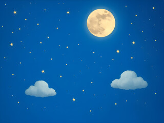 Artistic illustration. Cute night sky landscape: moon, clouds and stars