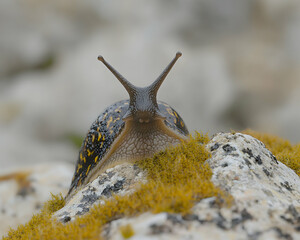 Close-up of a large, dark snail with yellow spots crawling on a mossy rock.  The snail's eye stalks are extended, creating a captivating image.