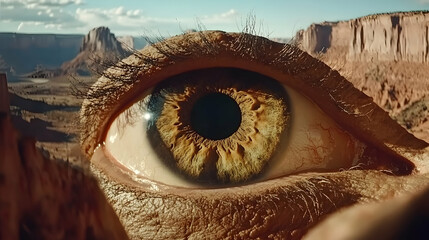 Close-up of a human eye with a desert landscape in the background, showcasing the beauty of nature and the human body.