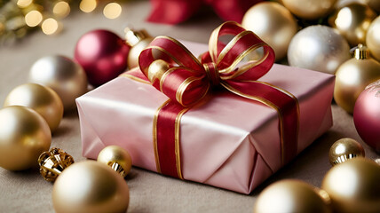 Beautifully wrapped New Year's gifts stacked together, featuring colorful paper, shimmering bows, and festive tags.