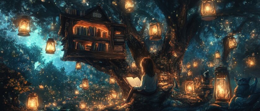Enchanting night reading magical forest fantasy illustration mystical environment dreamy viewpoint