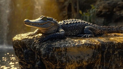 Naklejka premium Young Crocodile Resting On A Rock Near Water