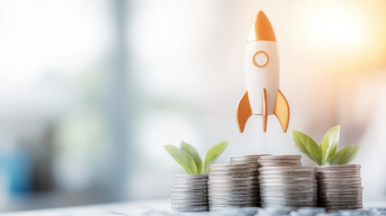 Rocket launching above stacks of coins symbolizes financial growth and investment opportunities, inspiring success and prosperity