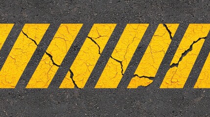 Fototapeta premium Cracked Yellow Caution Lines on Weathered Asphalt Surface