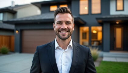 Confident male real estate agent stands outdoors in front of modern home. Wears business suit, smiles. Pro, successful looking. Ready to discuss property purchase sale. Modern house, good lifestyle