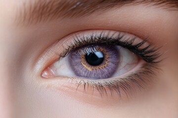Detailed close-up of a womana??s light violet eye, emphasizing fine details and natural reflections in the iris, shot in