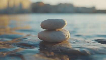 Serene coastal scene featuring two smooth, balanced stones near tranquil water, blurred cityscape backdrop.