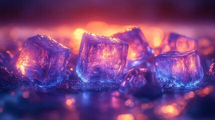 Vibrant Close-Up of Glowing Ice Cubes with Warm and Cool Lighting Effects in a Mystical Atmosphere