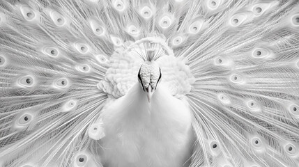 Obraz premium White peacock displaying feathers in a serene setting during daylight