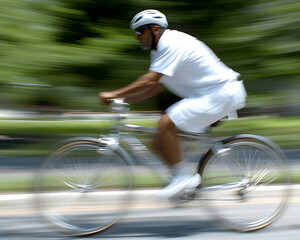 Dynamic image of a man cycling rapidly through a vibrant green landscape, motion blur emphasizes speed and energy.