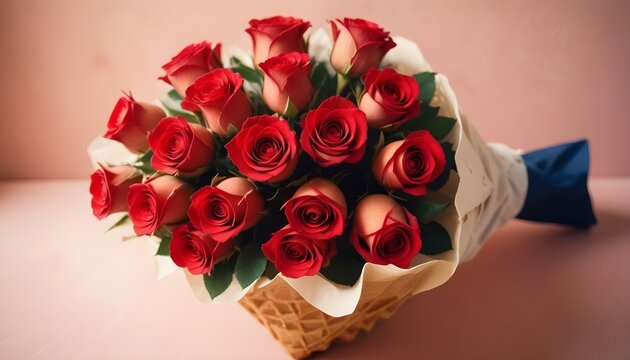 Un ramo de rosas rojas en un cono de gofre sobre un fondo rosa