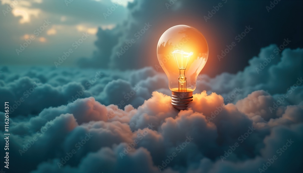 Poster illuminating light bulb floats above clouds. concept of innovation, creative thinking. inspiration, 