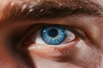 Obraz premium Detailed close-up of a mana??s vivid sky-blue eye, with sharp reflections and fine detailing within the iris, captured in
