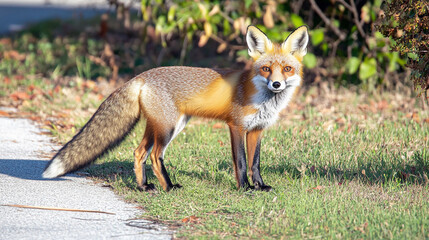 Red fox stands proudly on a sunny path in a green park during late afternoon
