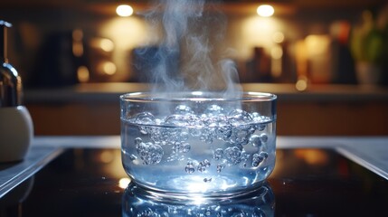 Boiling Water in Glass Pot on Modern Stove with Steam Rising in Contemporary Kitchen Setting