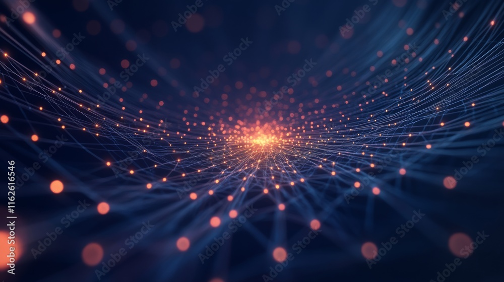 Leinwandbilder A mesmerizing visualization of interconnected light points, radiating from a central glow, creating a dynamic sense of depth and movement in a digital space.
