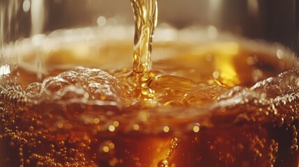 Close-Up of Refreshing Amber Liquid Being Poured into a Glass with Bubbling Effervescence and Golden Hues