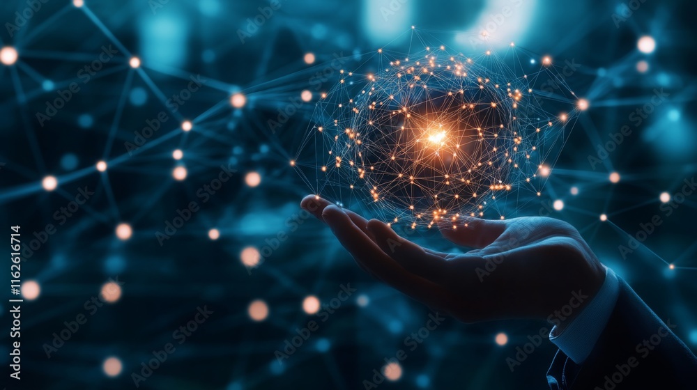 Poster a hand holds a glowing sphere of interconnected particles, symbolizing technology, innovation, and t