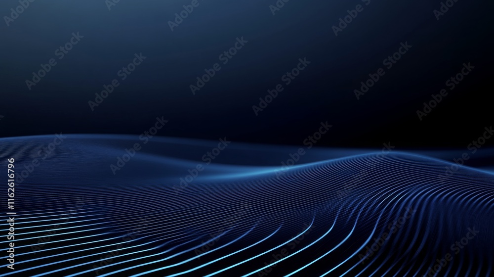 Poster a dark, wavy landscape of blue lines against a black background, creating a sense of depth and movem