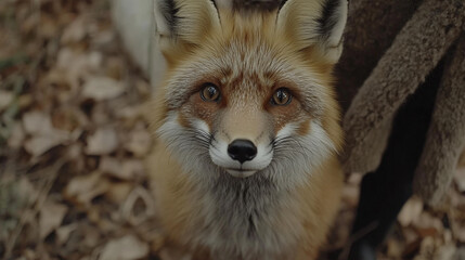 Fototapeta premium Close encounter with a curious fox in a forest setting during fall