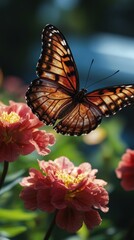 Obraz premium Sunset Bloom. Orange butterfly on vibrant pink flowers close-up nature