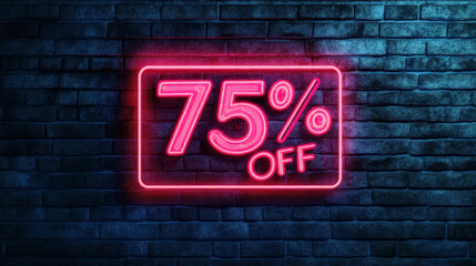 Obraz premium Bright neon sign displaying 75% off on dark brick wall background