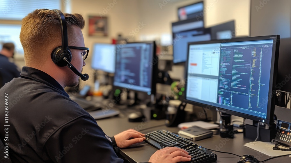 Poster a focused professional uses multiple monitors and a headset while coding in a modern office environm