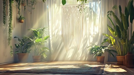 Sunlit Room With Plants And Macrame Wall Hanging