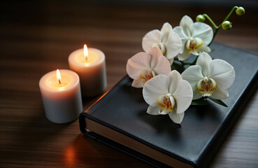 Still life photo with open book cymbidium orchids, candles. Peaceful, spiritual scene. Orchids lay on top of open book. Two candles stand near book. Scene suggests moment of reflection. Calm light