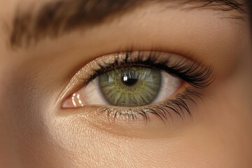 Fototapeta premium Detailed close-up of a womana??s soft greenish-gray eye, with natural texture details and fine iris patterns, captured in