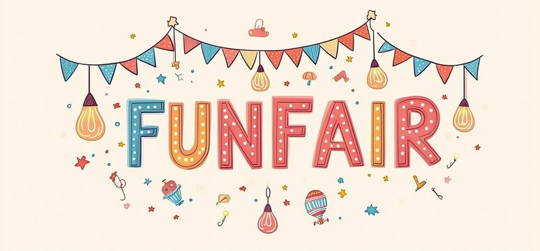 Vector flat style poster featuring the colorful text "FUNFAIR" and festive bunting on a light background, perfect for family fun fairs, amusement park events, and carnival parties