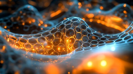 Artistic depiction of a molecular network with transparent nodes and luminous patterns, highlighting research 