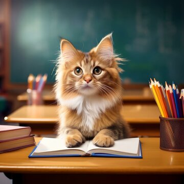 funny cute cat pet studying at school sitting in a classroom, 100 days of school