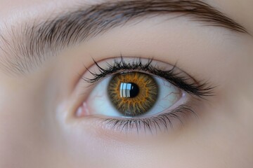 Obraz premium Detailed macro shot of a womana??s golden-brown eye, featuring distinct patterns in the iris and sharp reflections, captured in