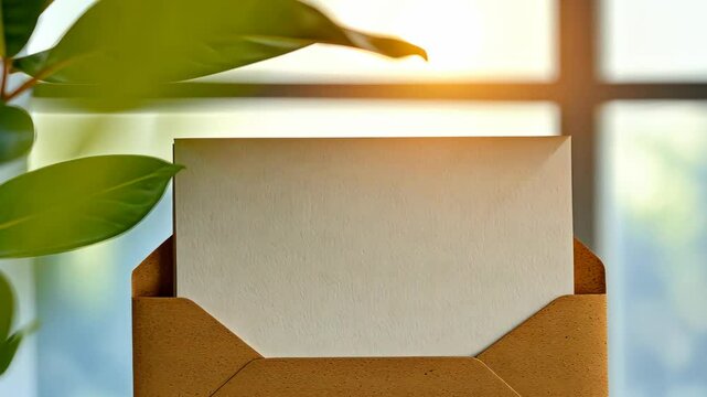 Elegant Envelope with Blank Sheet and Leaf Near Window in Soft Morning Light