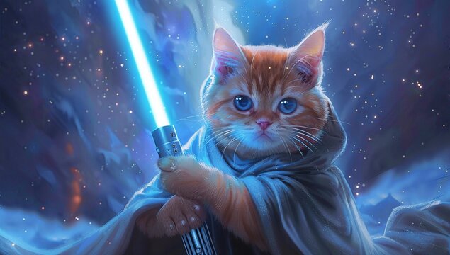 An orange tabby kitten, a Jedi master in training, wields a luminous blue lightsaber against a cosmic backdrop.  A magical, adorable image.