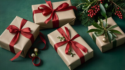 Festive New Year's decorations and pinecones beautifully arranged on a vibrant green background, evoking a natural holiday charm.