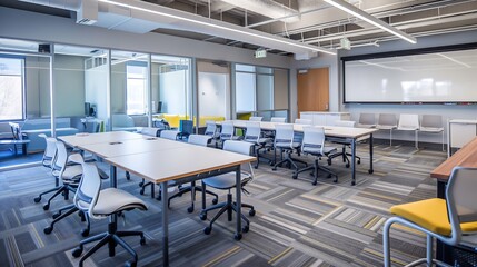 Collaborative design studio with interactive whiteboards, design thinking tools, and creative breakout areas.