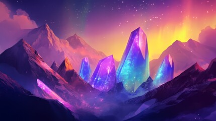 Crystal Mountains Glow Under a Purple Sky