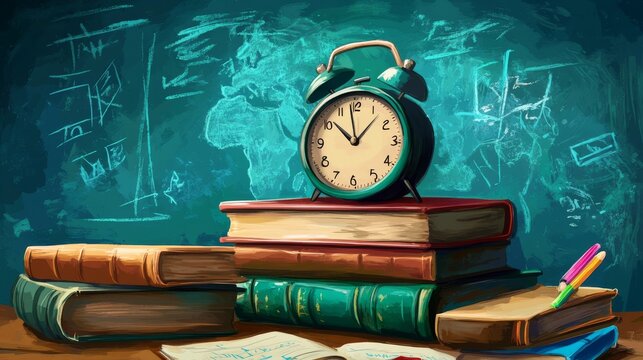 Colorful back to school background featuring piles of books, notebooks, and an alarm clock with a vibrant, educational atmosphere for academic and learning concepts