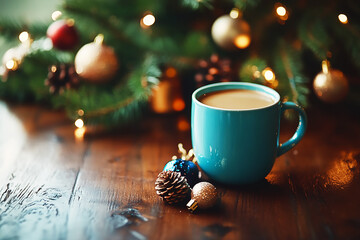 Christmas still life, A cup of coffee with Christmas tree decoration on wooden table