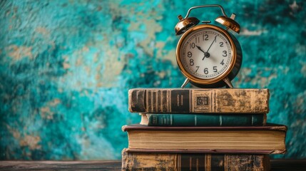 Colorful back to school background featuring piles of books, notebooks, and an alarm clock with a vibrant, educational atmosphere for academic and learning concepts