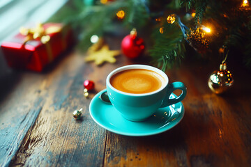A Cup of coffee with Christmas gift and decorations