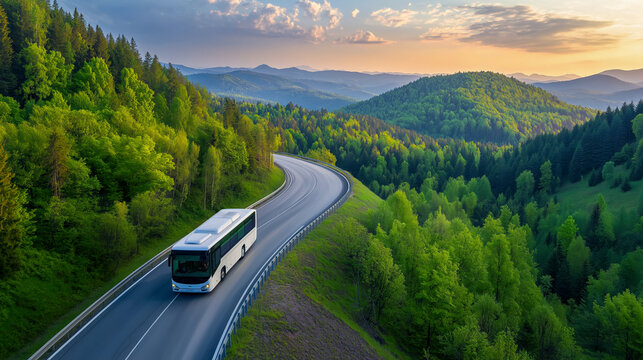 Modern bus traveling on a scenic winding road through lush green hills and forests at sunset, representing eco-friendly transportation and travel.