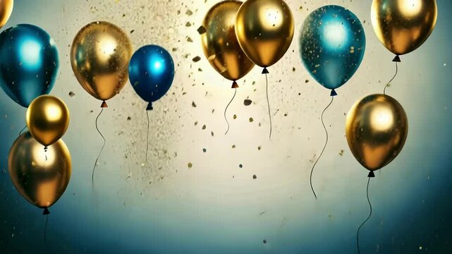 Celebratory gold and blue balloons with confetti on vibrant background